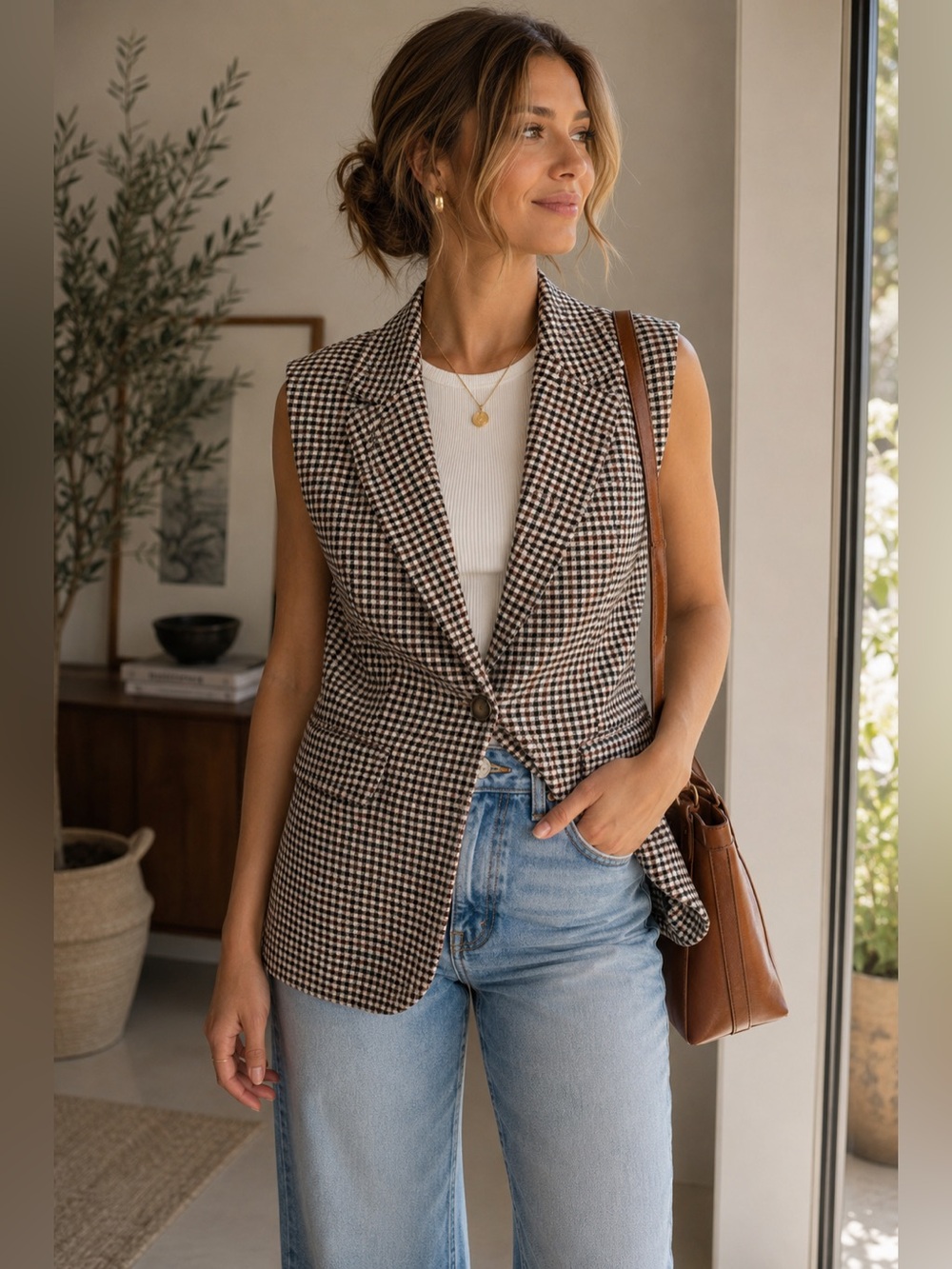 Mina Self Houndstooth Sleeveless Blazer Vest Brown Cream Tailored Preppy Chic M
